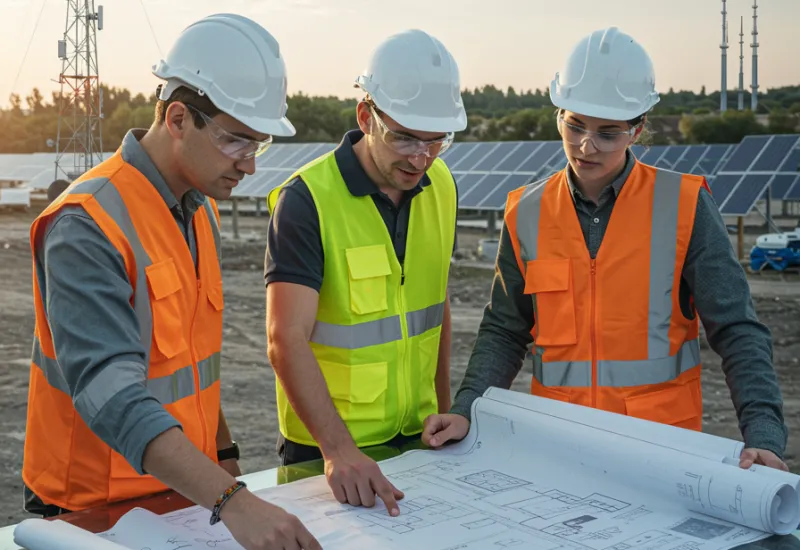 img nosotros 3 "Ilustración digital de ingenieros revisando planos en un sitio de construcción con torres de telecomunicaciones y paneles solares, perfecta para un encabezado corporativo."
