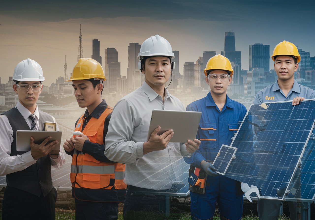 img seccion diferencia "Montaje integrado que muestra las fortalezas multisectoriales de la empresa con un ingeniero de telecomunicaciones, un gerente de construcción, un técnico solar y un mecánico, todo en un fondo moderno que representa la innovación y la sostenibilidad."