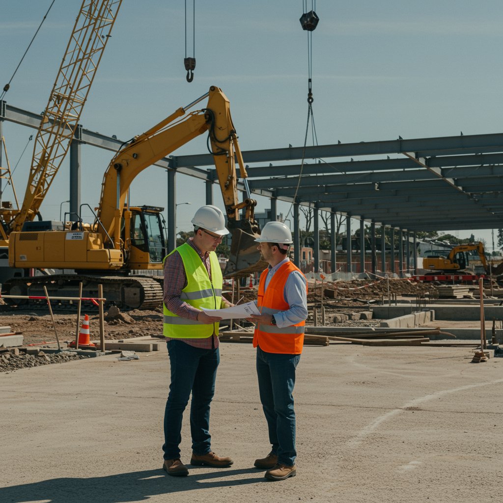 img seccion serviciosRecurso 9 100 "Ingénieros civiles en un sitio de construcción bajo el sol, revisando planos junto a maquinaria pesada como excavadoras y grúas."