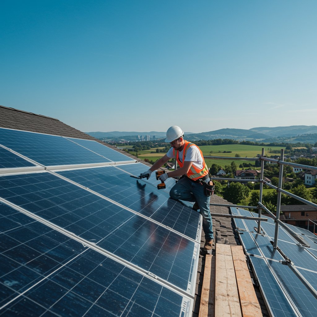 servicio arquitectura legal 2 "Ingeniero solar instalando paneles fotovoltaicos en un tejado inclinado bajo un cielo azul, promoviendo la energía limpia en un entorno urbano."
