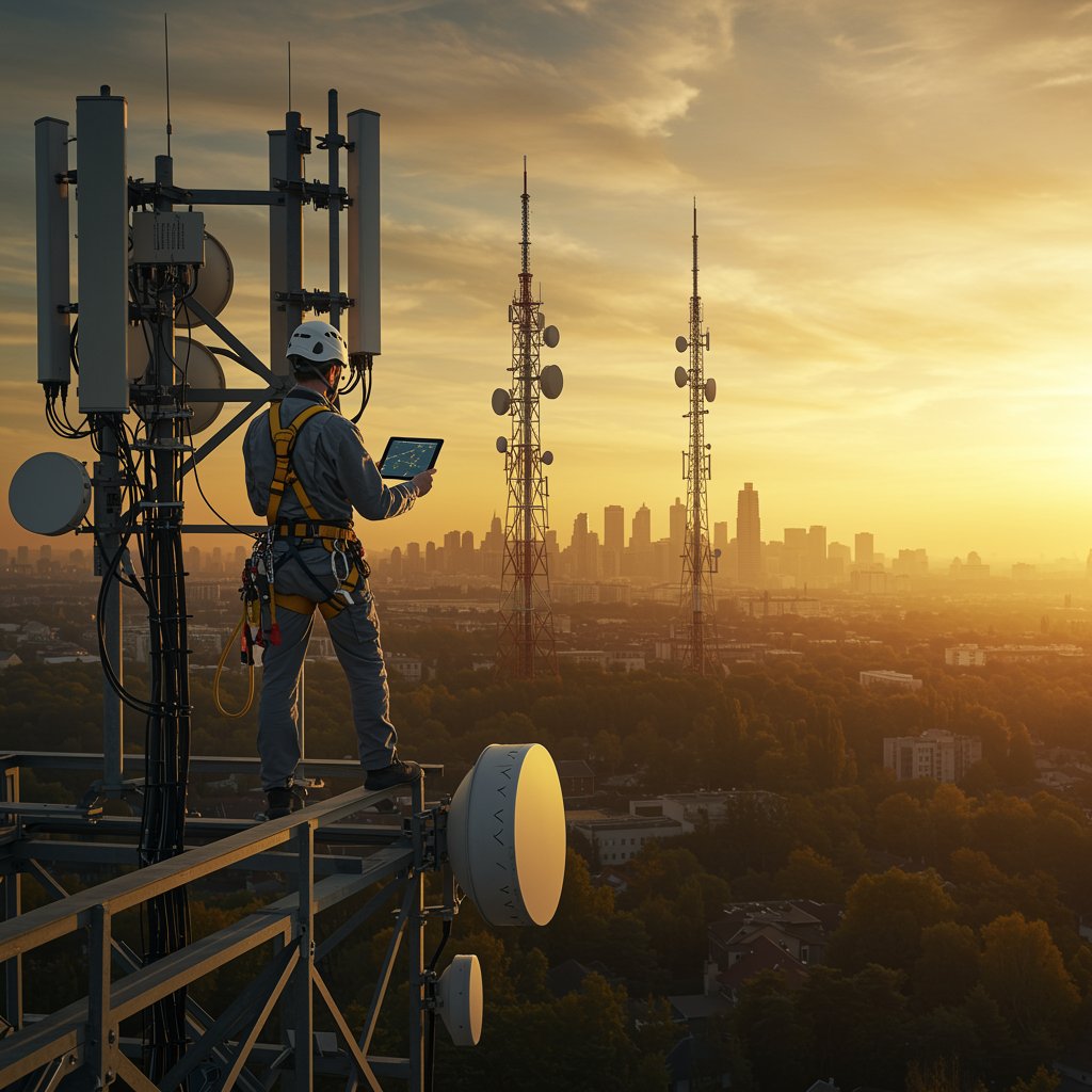 servicio edificacion 2 "Ilustración realista de un técnico de telecomunicaciones en una torre moderna al amanecer, usando arnés y casco, con una tablet que muestra mapas de cobertura, rodeado de cables de fibra óptica y antenas."